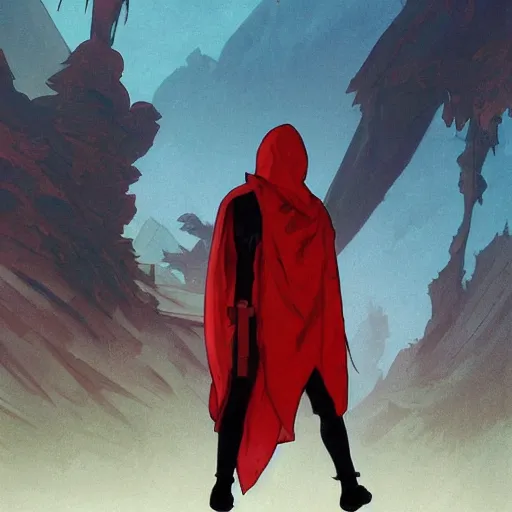 Image similar to view from the back shadow warrior holding twin swords, male villian, full body worn out torn cape, red hoodie, worn out clothes, floating spiral sand, desert, full body shot, anime style, 90's modern art, art by artgerm and greg rutkowski and alphonse mucha