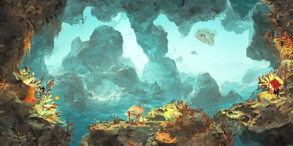 Prompt: vietnamese sunken cave scene, 2 d game art background, level design, muted colors, in style of lam manh