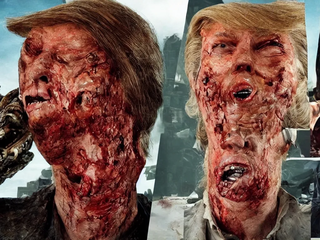 Image similar to cinematic movie still : ( subject =!!!!! donald trump head!!!!! + subject detail =!! dune sandworm with open jaw drooling!!, john carpenter the thing, oozing bile ), the last of us zombie, intricate detailed