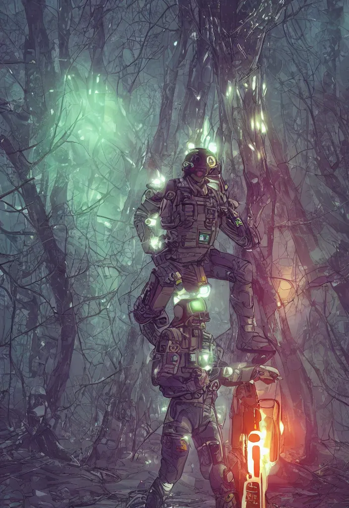 Image similar to A modern comic book cover of an android soldier wearing a trench coat and high tech glowing boots, with back to the camera, in a forest made of crystal, looking up at a crystal temple with a tower glowing in the fog