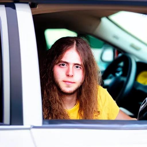 Prompt: a picture of a white boy with long hair inside of a car