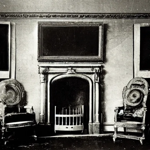 Image similar to grainy 1800s photo of an ornate fireplace that is generating atomic energy