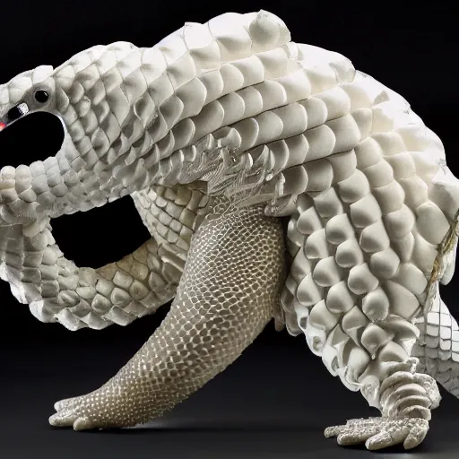Prompt: a robotic pangolin that stands six feet tall with pearl white scales standing on its hind legs in front of a spaceship