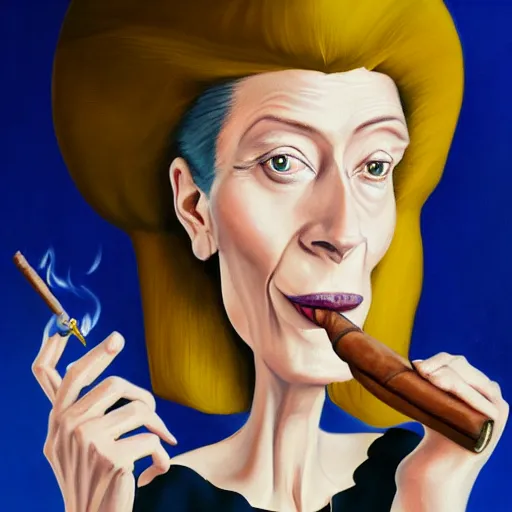 Image similar to an oil painted caricature of tilda swinton with a cuban cigar in her hand, blowing out smoke, by salvador dalí, trending on art station, 4K, studio ghibli color scheme