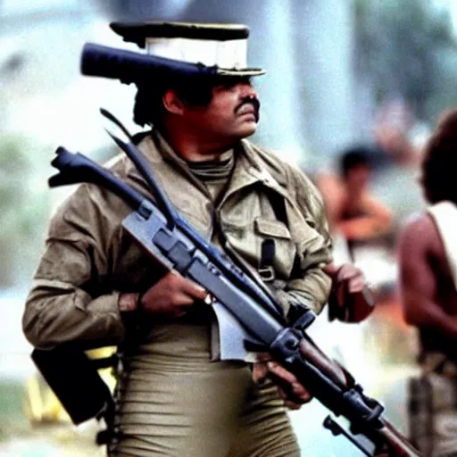Image similar to George Lopez dressed as a Colonial Marine from Aliens (1986).