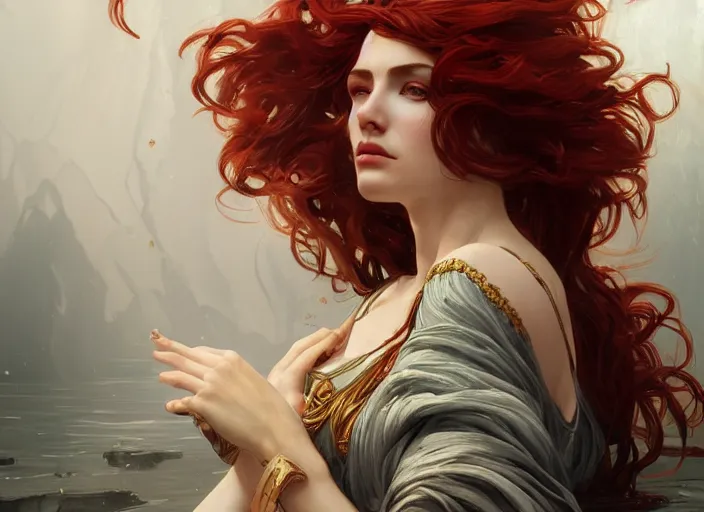 Prompt: A gorgeous Greek Goddess with long flowing red hair, fantasy, intricate, elegant, highly detailed, D&D, digital painting, artstation, concept art, matte painting, sharp focus, illustration, in the style of Greg Rutkowski and Alphonse Mucha and artemisia gentileschi