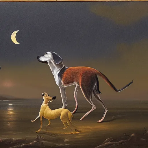 Prompt: a painting of two whippets howling at the moon while standing in between two towers. rain falls from the moon. in the foreground a crayfish emerges from water.