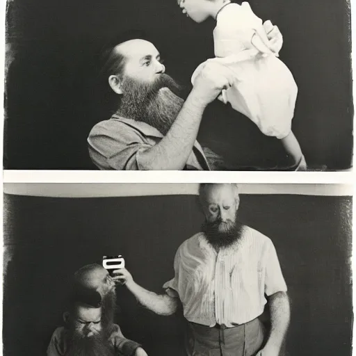 Prompt: painting of beard grandpa taking a photo to a baby girl, by lazlo moholy nagy moholy