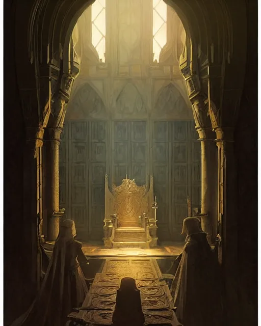 Image similar to middle ages throne room with a lot of people inside, dim light | | realistic shaded, fine details, realistic shaded lighting poster by greg rutkowski, diego gisbert llorens, magali villeneuve, artgerm, jeremy lipkin and rob rey