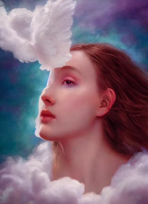 Prompt: painting of a floating angelic spirit made out of clouds and floating ribbons, beautiful female face, spectrum colours, angelic, realistic, raphaelites, baroque, renaissance, cinematic light, volumetric, octane render