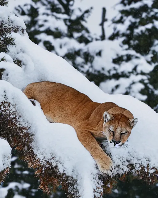 Prompt: postcard showing 'a cougar sleeping in the middle of snowy pine tree' laying on coffee table, zoomed out, HD, iphone capture