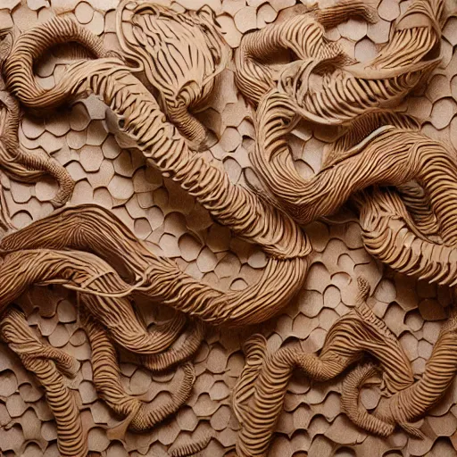 Image similar to tentacles made of brown corrugated cardboard, cut out of cardboard, realistic photography, fantasy