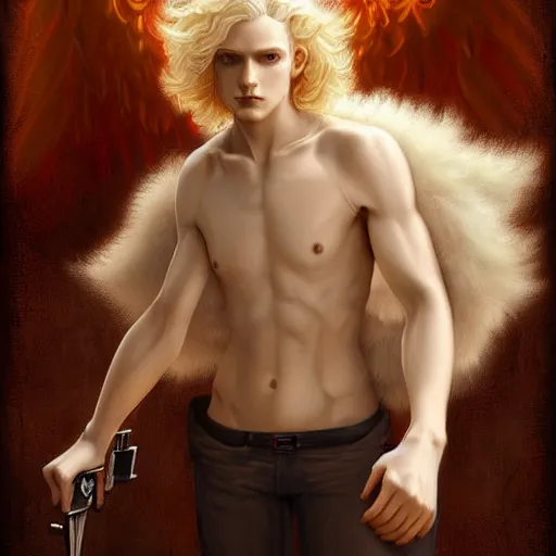 Prompt: digital art of a pale menacing male Cyborg Angel of Battle with fluffy blond curls of hair and piercing eyes, johan liebert mixed with Dante, central composition, he commands the fiery power of resonance and wrath, very very long blond curly hair, baroque curls, by James Gurney and Seb mckinnon and WLOP, Artstation, CGsociety