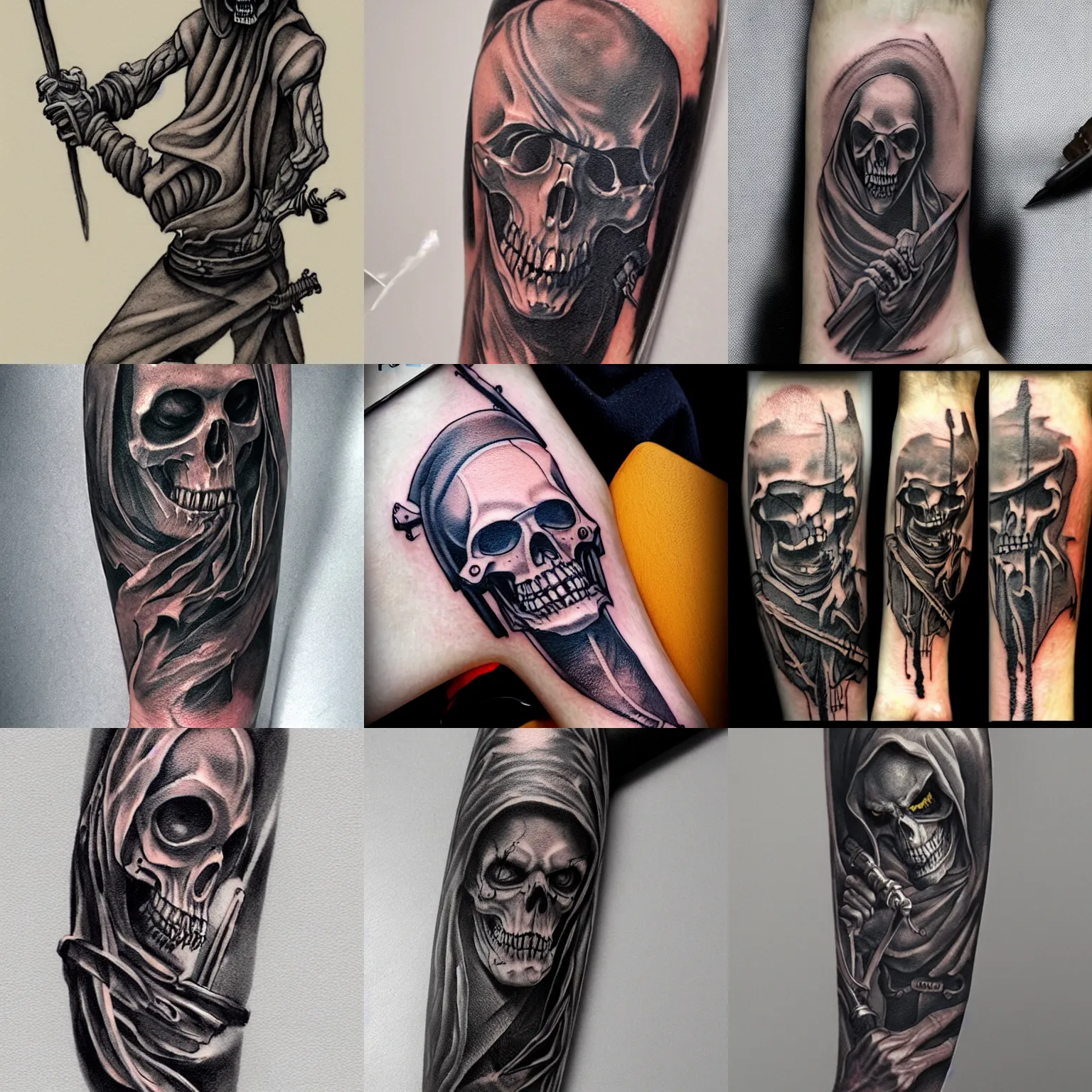 Prompt: forearm tattoo of grim reaper by anton pieck, intricate, extremely detailed, digital painting, artstation, concept art, smooth, sharp focus, illustration, intimidating lighting, incredible art,