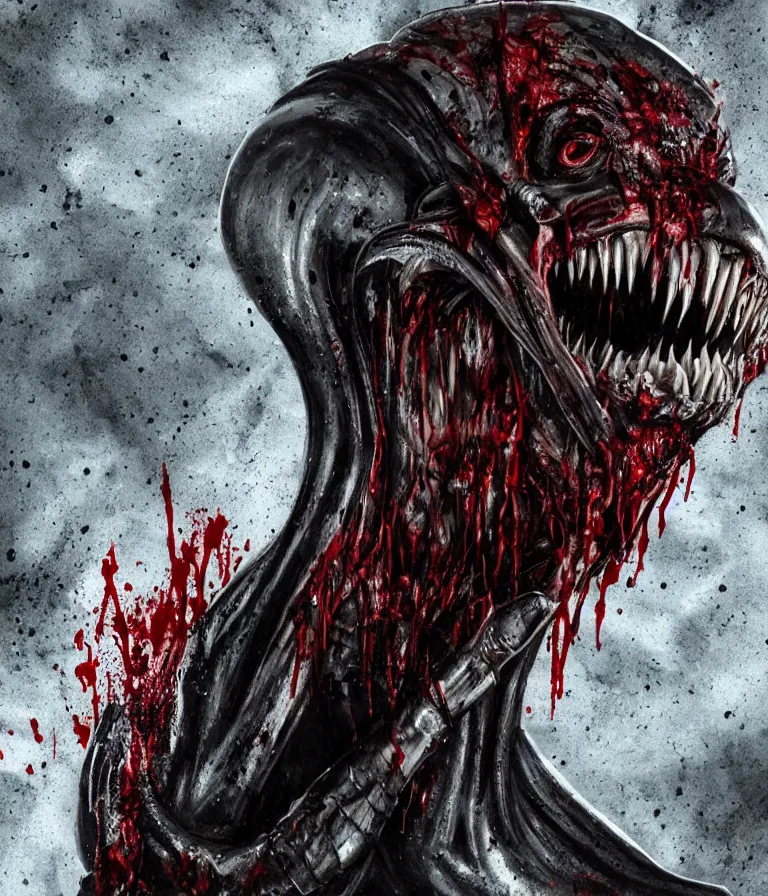 Image similar to very terrifying cenobite xenomorph demon splattered with blood, portrait showing entire scary head, neo-expressionistic, maximalist, horror monster masterpiece, trending on DeviantArt, 4K resolution, dark cinematic, hyperrealism, octane render, volumetric lighting, ultra-detailed, chiaroscuro, dark black background, in the style of Giger and Ralph Steadman and Da Vinci,