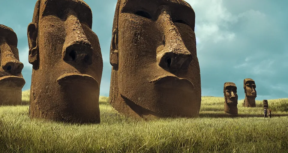 Prompt: Ancient easter island ruins, moai heads, center composition, cinematic, rendered by simon stålenhag, rendered by Beeple, Makoto Shinkai, syd meade, environment concept, digital art, starwars, unreal engine, 3 point perspective, WLOP, trending on artstation, low level, 4K UHD image, octane render,