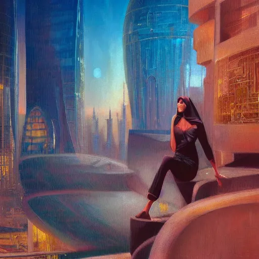 Image similar to detailed face of an arabic woman, tectonic cityscape, skydome, reactor, utopian, wet reflections, prism, atmospheric, ambient, pj crook, syd mead, livia prima, artgerm, greg rutkowski, nick alm, casey baugh