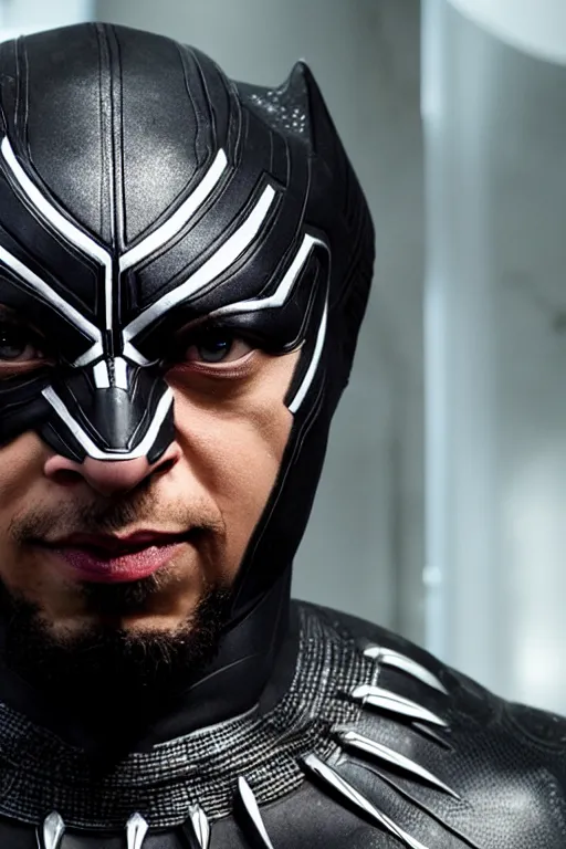 Prompt: A still of Sam Hyde as Black Panther, close-up, sigma male, rule of thirds, award winning photo, unreal engine, studio lighting, highly detailed features, thunder and lighting, ethereal backdrop