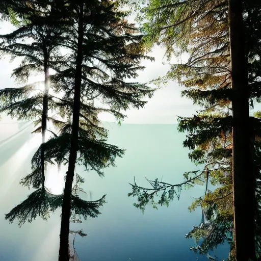 Image similar to detailed in exterior of woods with epic tall pines, particle pollen, god light rays, sparkling lake horizon, infinite atmosphere, calm, in style of greg rutkowsi