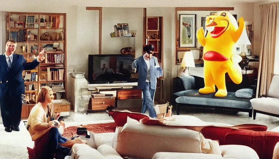 Image similar to 1990s candid 35mm photo of a beautiful day in the living room, cinematic lighting, cinematic look, golden hour, a very large, oversized magical salesman mascot is hanging out of the TV and trying to sell the family a car, salesman mascot is a very large giant, there is an expensive sports car in the living room, portal energy is coming out of the TV, UHD