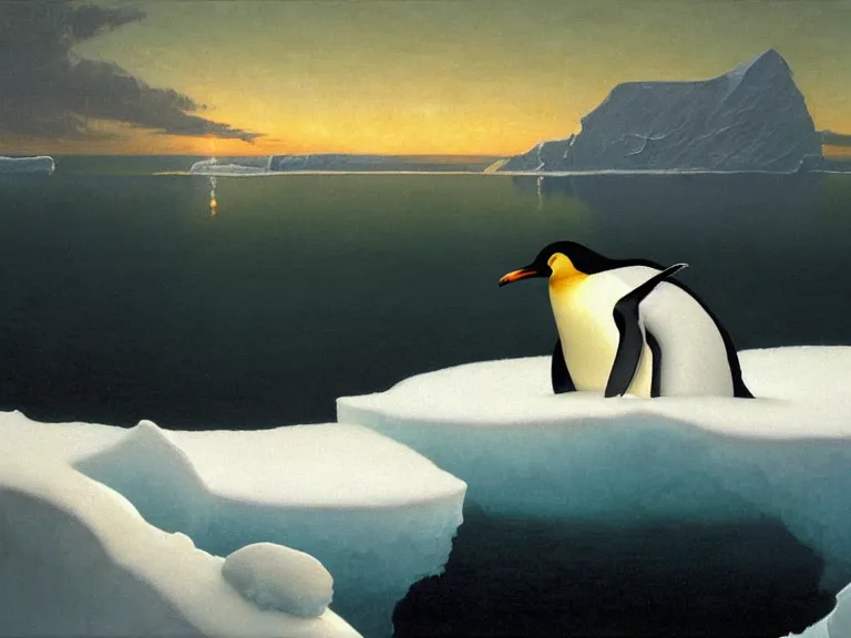 Prompt: an oil painting of a penguin playing in pure white snow on an iceberg in a serene ocean at dusk. aurora. by tuomas korpi moebius and carl spitzweg. baroque elements. intricate artwork by caravaggio. oil painting. oil on canvas. award winning. dramatic. trending on artstation. 8 k