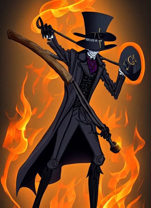 Image similar to DND character concept, Tall skeletal figure, wearing a deep black suit!!! and tie and top hat, holding a golden cane. Surrounded by light blue!!! flames!!