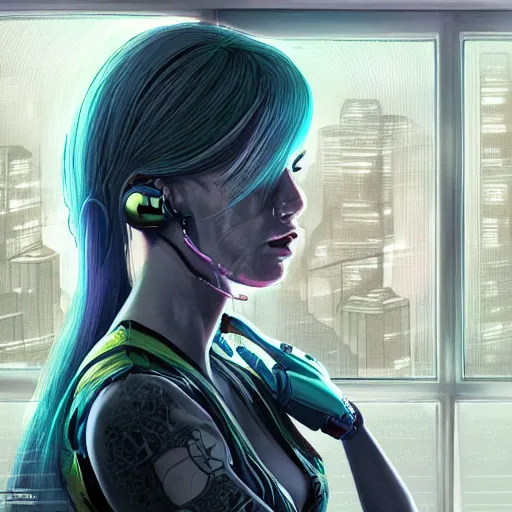 Image similar to portrait of cyberpunk woman looking out of a window, cyberpunk setting, futuristic, highly detailed, intricate lighting, digital painting, sharp focus, illustration, trending on artstation, art by pixar animation.