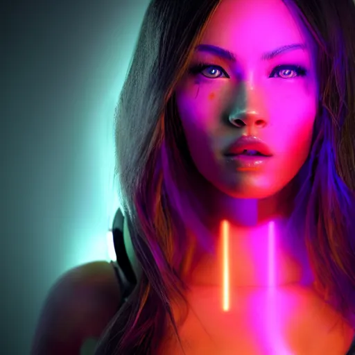 Image similar to beautiful japanese cyborg with megan fox face, digital led skin, neon lighting, techno neon projector background, portrait photo, octane render