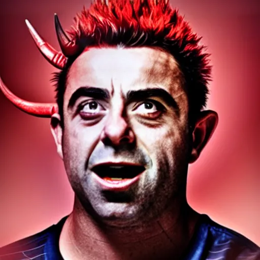 Image similar to xavi hernandez as the devil with red horns and an evil face