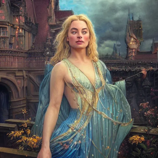 Prompt: a very detailed Magic portrait painting of Margot Robbie, a very detailed fantasy city background, a very detailed dramatic sky, light particles, drawn by Donato Giancola and Tom Bagshaw, Edmund Leighton, Alphonse Mucha, 4k, volumetric lighting, komorebi, award winning, octane render, hyperrealistic