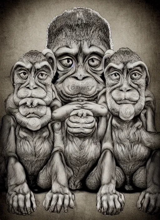 Image similar to three wise monkeys, see no evil, hear no evil, speak no evil, ralph goings, digital art