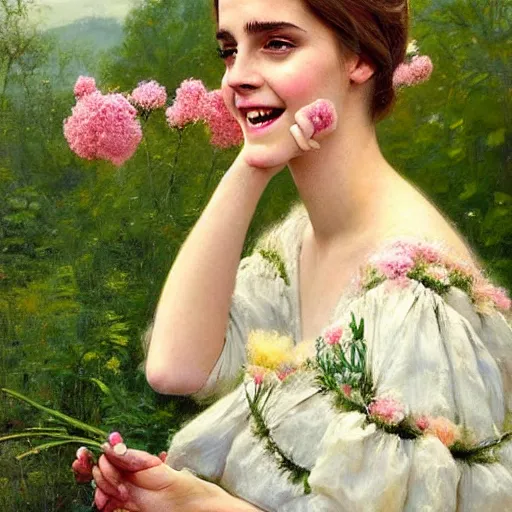 Image similar to laughing thick paint brush strokes full body fashion model emma watson by Jeremy Lipking by Hasui Kawase by Richard Schmid (((smokey eyes makeup eye shadow fantasy, glow, shimmer as victorian woman in a long white frilly lace dress and a large white hat having tea in a sunroom filled with flowers, roses and lush fern flowers ,intricate, night, highly detailed, dramatic lighting))) , high quality