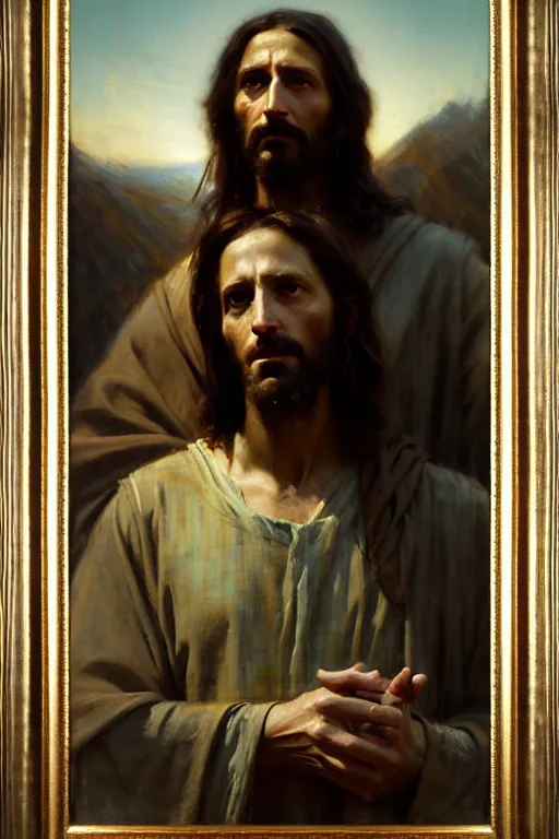 Image similar to photograph imax and solomon joseph solomon and richard schmid and jeremy lipking victorian loose genre loose painting full length portrait painting of jesus