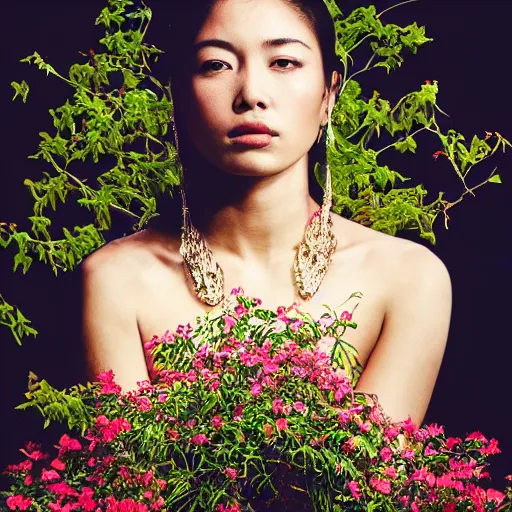 Image similar to photography of the asian queen sitting in the flower thorn, beautiful face, masterpiece costume, jewellery, high quality, elegant, emotionally touching, cool, deep gaze, mystery, tenderness, annie leibowitz style