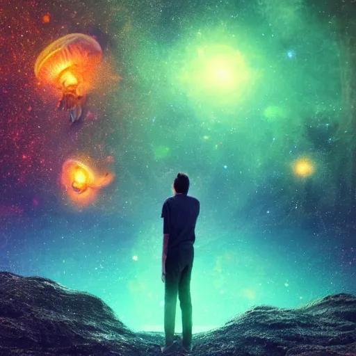 Image similar to over the shoulder photo of a man watching many magic glowing jellyfish in glowing cosmic stardust, colorful stars, galaxies, space, award winning photo, intricate, high detail, atmospheric, desolate, artstation