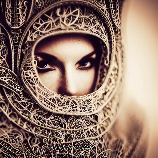 Image similar to an award finning closeup photo by a famous portrait photographer of a beautiful female bohemian cyberpunk musician in filigree fractal robes