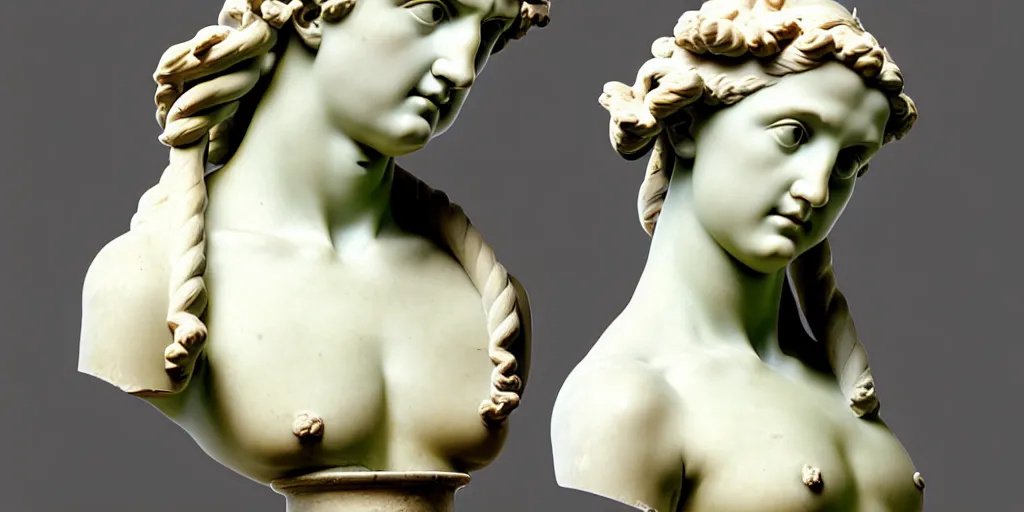 Prompt: greek sculpture, bust, flawless beauty, young woman as medusa
