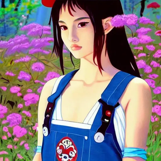 Prompt: a beautiful young japanese natalie portman alluring gravure model, anime art, wearing elegant designer overalls, elegant overalls with mesoamerican patterns, mesoamerican native street fashion, princess mononoke, painted by jamie hewlett and ashley wood, aesthetic, gorgeous, stunning, alluring, attractive, artstation, pinterest, digital art