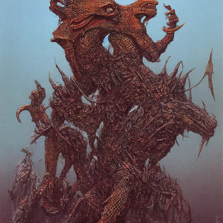 Image similar to lizardman warrior concept, tribal, beksinski an moebius