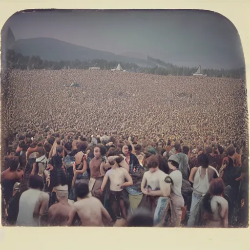 Prompt: a daguerrotype photo of woodstock 9 9, very early film stock, 1 8 0 0 s, vintage