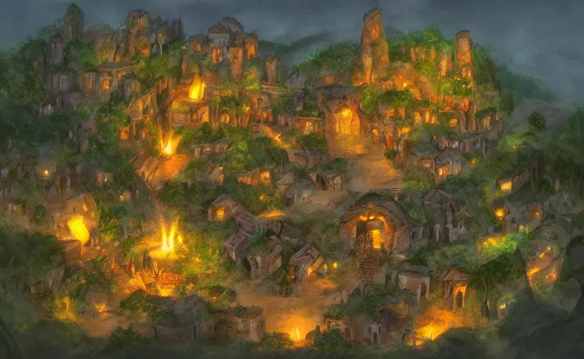 Prompt: medieval village built in a tropical cave, lit by torches, plants, waterfall, houses, towers, concept art, dawn