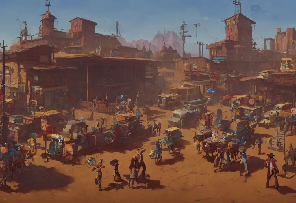 Prompt: stereotypical Wild West Town Scene with some cowboys and the sheriff by Goro Fujita and Simon Stalenhag , 8k, trending on artstation, hyper detailed, cinematic