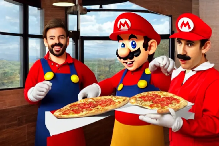 Prompt: a real life mario ordering pizza in pizza hut