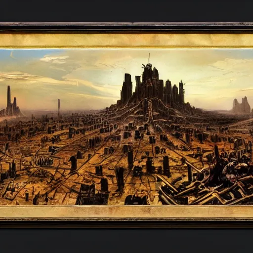 Prompt: babel tower in post apocalyptic Babylon , painting by frazetta, low angle,wide angle, panorama
