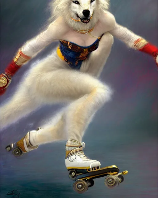 Prompt: an athletic white female anthro wolf skating at a roller derby, 4 k, furaffinity, fursona, trending on artstation, energetic, speed, motion blur, by gaston bussiere, craig mullins, sakimichan, gustav klimt, artgerm, greg rutkowski, alphonse mucha