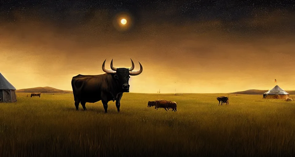 Prompt: close - up bull, deep night, stars shining, a yurt, in the steppe, summer field, from the game pathologic 2, highly detailed, sharp focus, matte painting, by isaac levitan and asher brown durand,