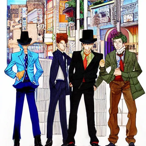 Prompt: a beautiful painting of four well dressed men posing for a picture on a city street by hirohiko araki, detailed line art, jojos bizarre adventure