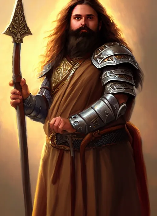 Image similar to a _ fantasy _ style _ portrait _ painting _ of light brown male holy paladin with long wavy brown hair chubby and beard, hammer weapon, rpg dnd oil _ painting _ unreal _ 5 _ daz. _ rpg _ portrait _ extremely _ detailed _ artgerm _ greg _ rutkowski _ greg
