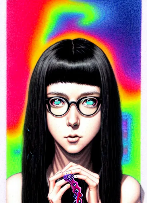 Image similar to richly detailed colored pencil 3D illustration of a beautiful woman with silky straight black hair with iridescence wearing a Nirvana band Tshirt and short black shorts, she staring at the camera happily while being surrounded by slimy tentacles, art by Range Murata and Artgerm.
