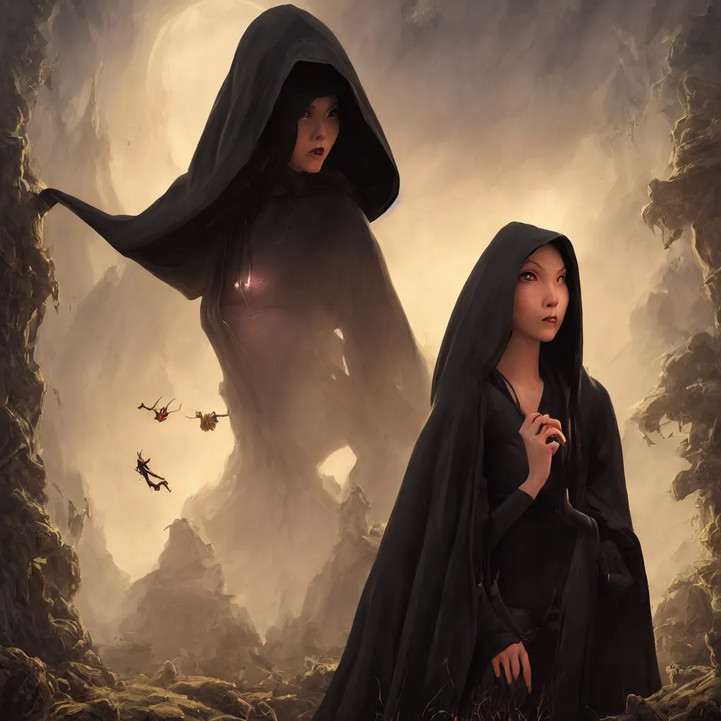 Prompt: An epic fantasy comic book style portrait painting of a very beautiful girl wearing a black hooded robe, posing, character design by Mark Ryden and Pixar and Hayao Miyazaki, unreal 5, DAZ, wylops, hyperrealistic, octane render, cosplay, RPG portrait, dynamic lighting, intricate detail, summer vibrancy, cinematic